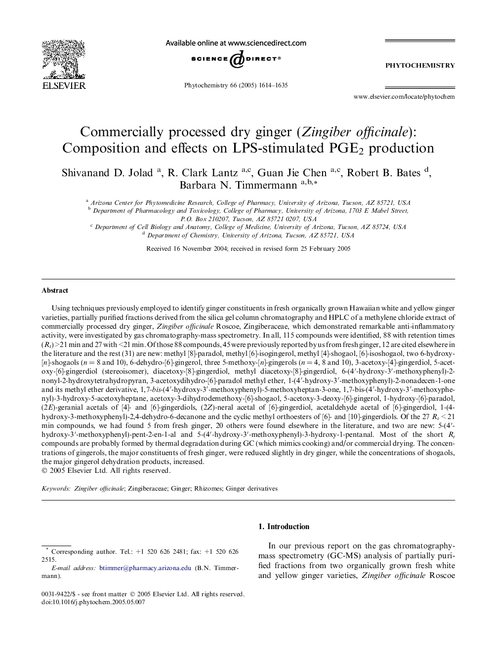 Commercially processed dry ginger (Zingiber officinale): Composition and effects on LPS-stimulated PGE2 production