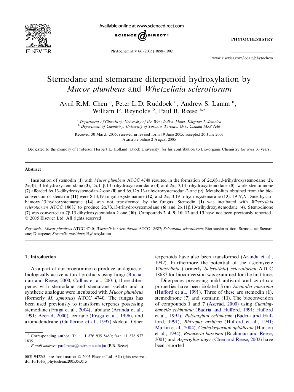 Stemodane and stemarane diterpenoid hydroxylation by Mucor plumbeus and Whetzelinia sclerotiorum