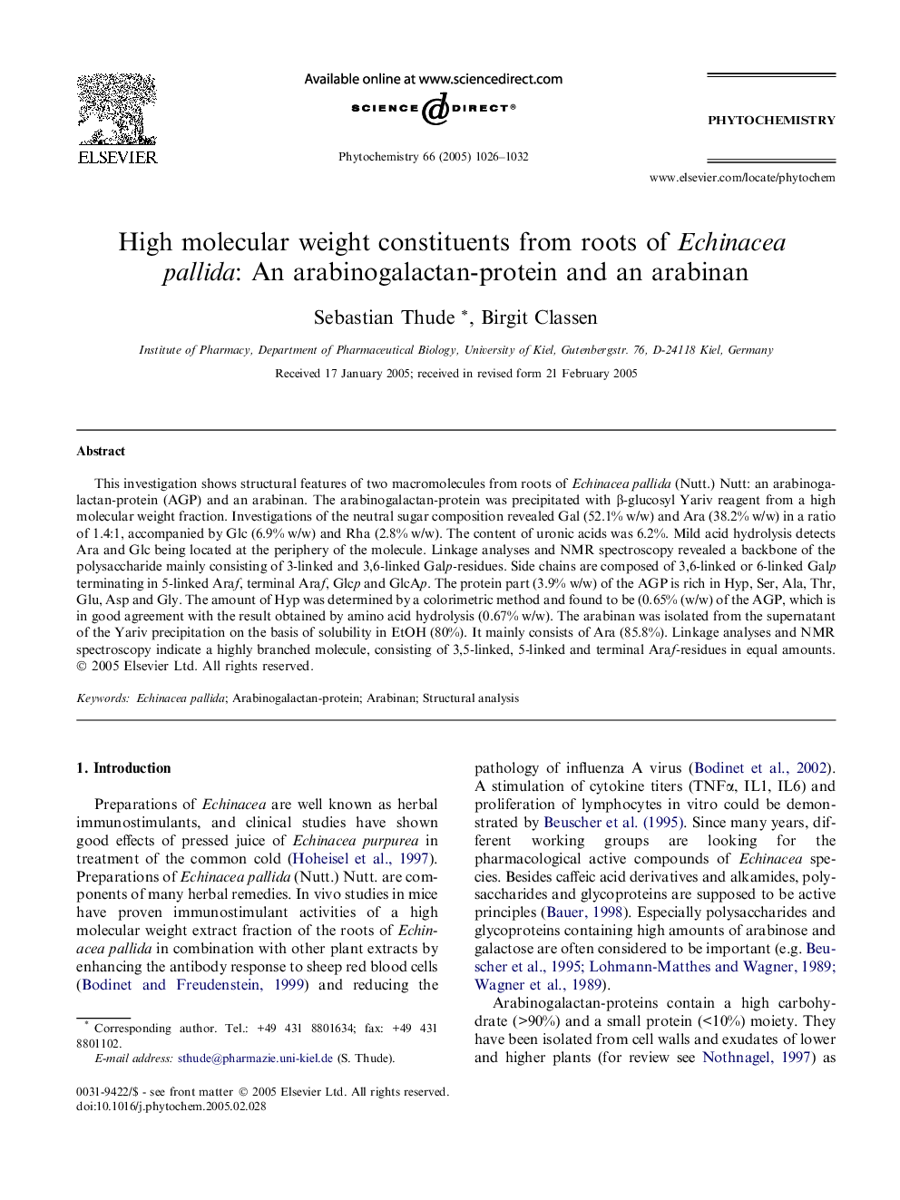 High molecular weight constituents from roots of Echinacea pallida: An arabinogalactan-protein and an arabinan