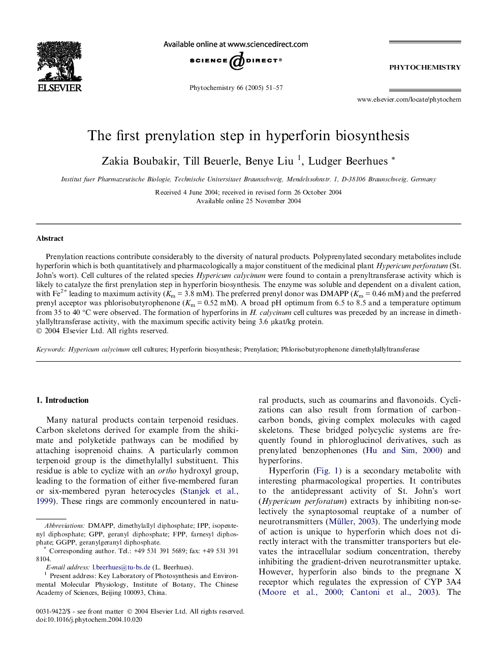 The first prenylation step in hyperforin biosynthesis