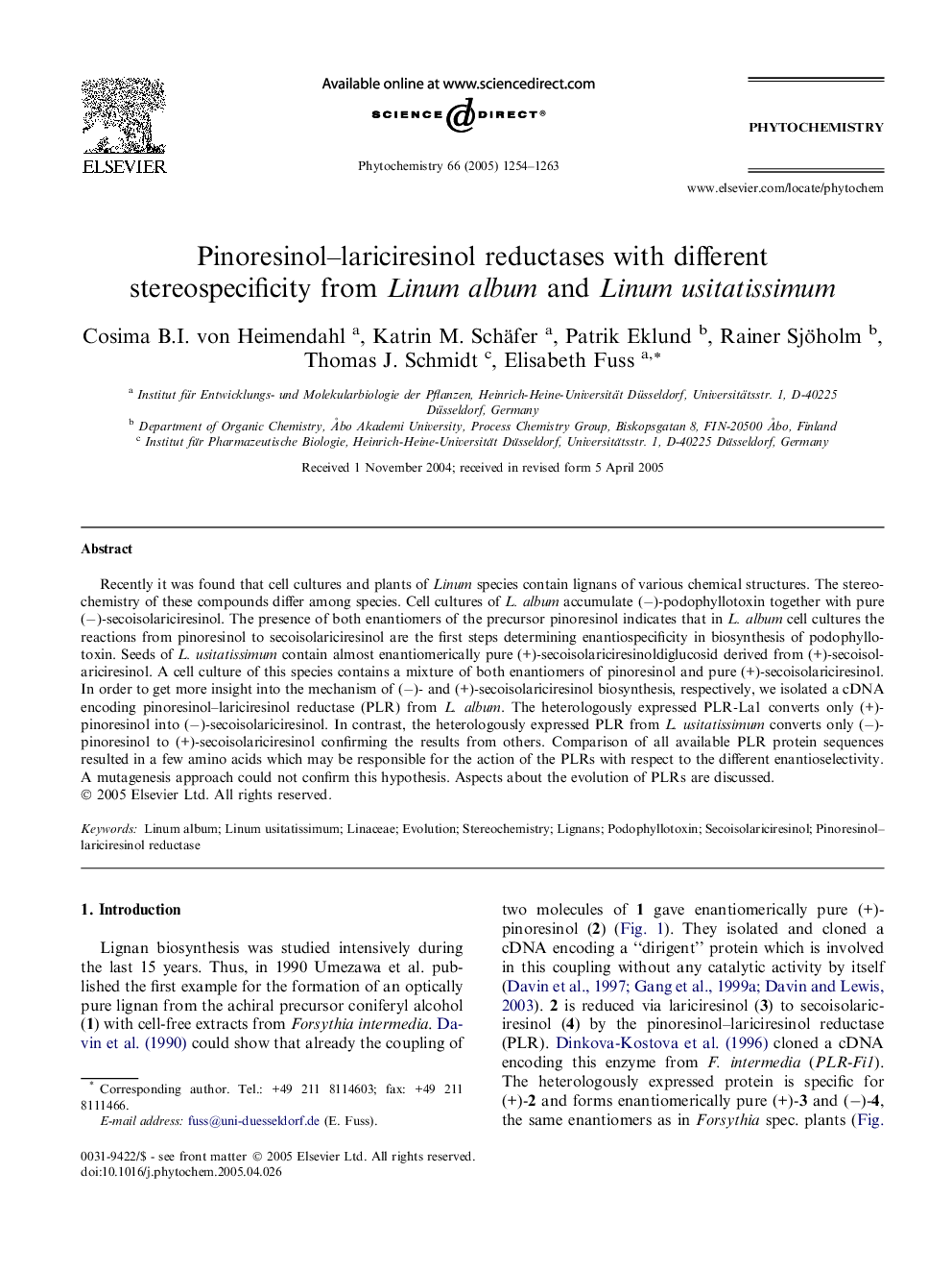 Pinoresinol-lariciresinol reductases with different stereospecificity from Linum album and Linum usitatissimum