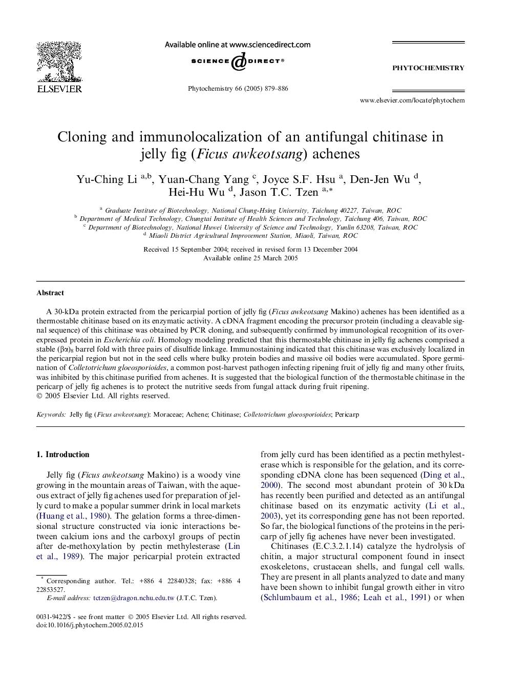 Cloning and immunolocalization of an antifungal chitinase in jelly fig (Ficus awkeotsang) achenes