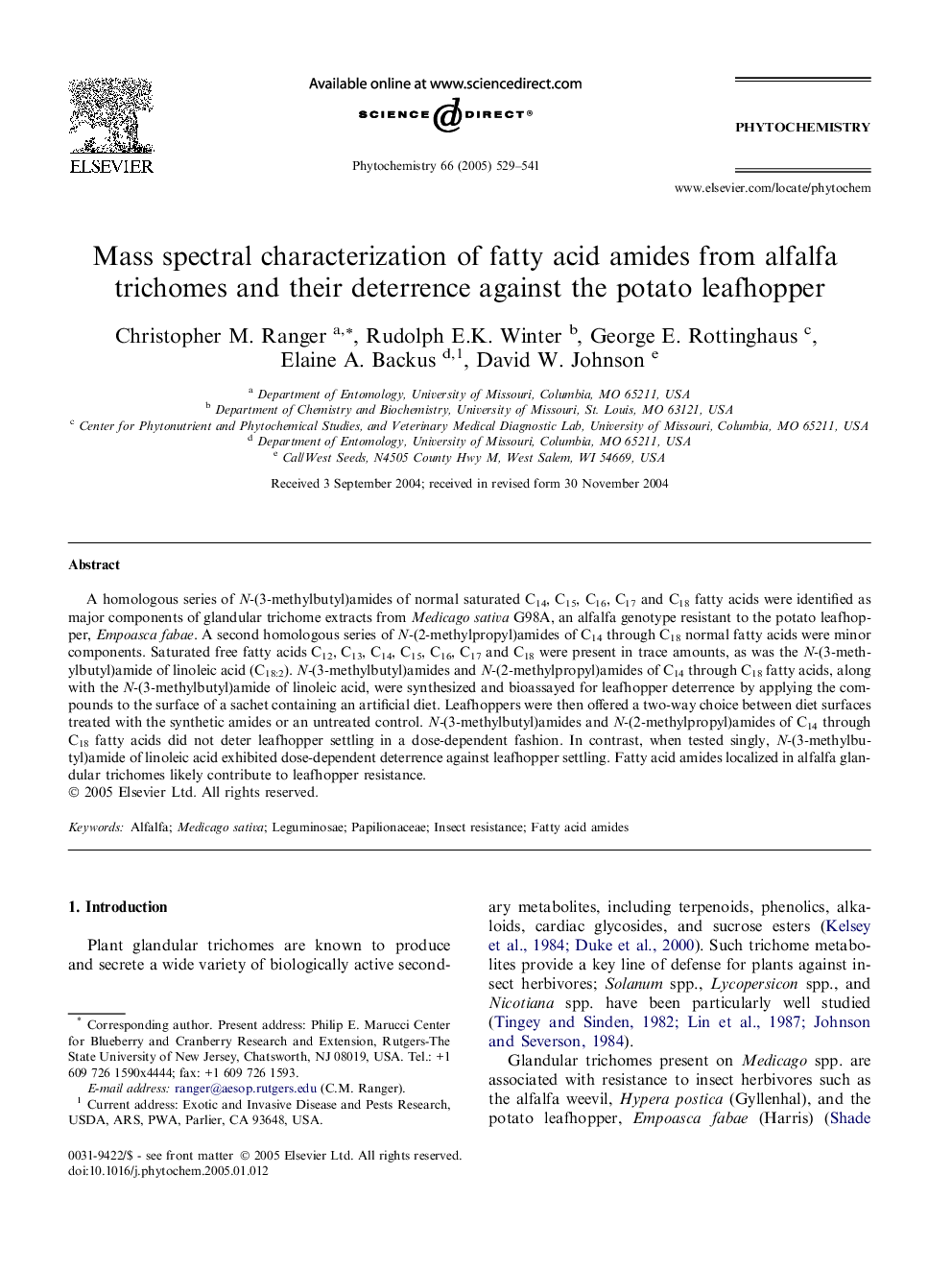 Mass spectral characterization of fatty acid amides from alfalfa trichomes and their deterrence against the potato leafhopper