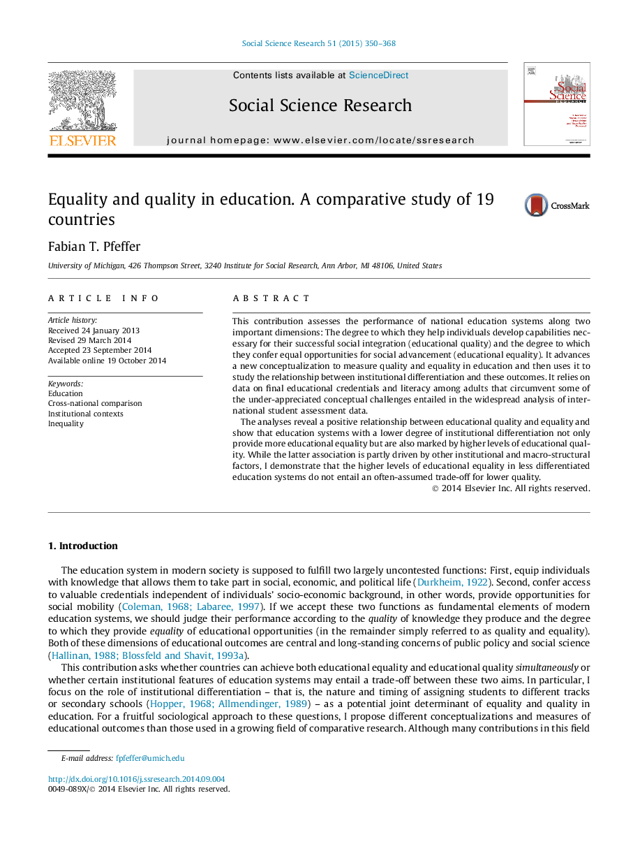 Equality and quality in education. A comparative study of 19 countries