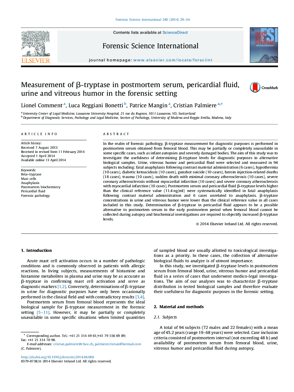 Measurement of β-tryptase in postmortem serum, pericardial fluid, urine and vitreous humor in the forensic setting