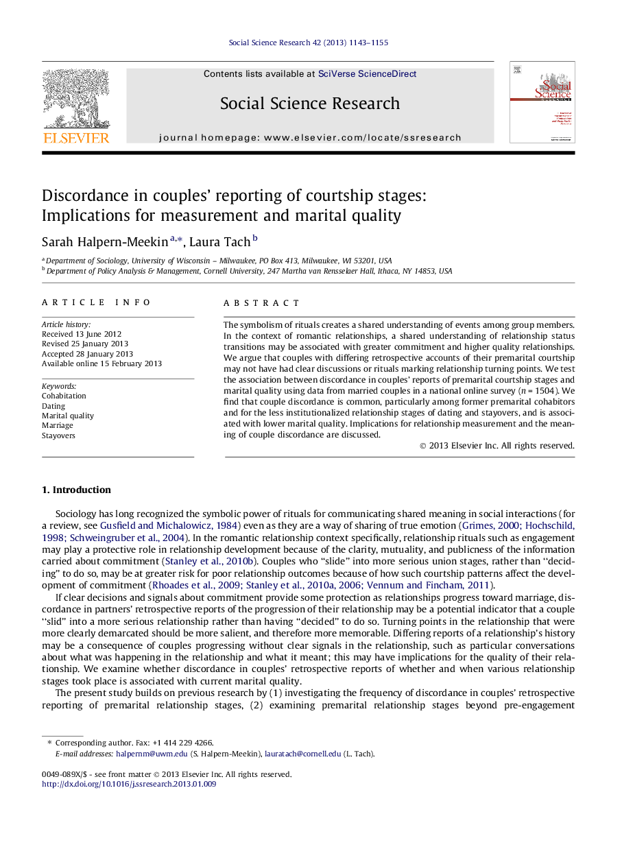 Discordance in couples’ reporting of courtship stages: Implications for measurement and marital quality