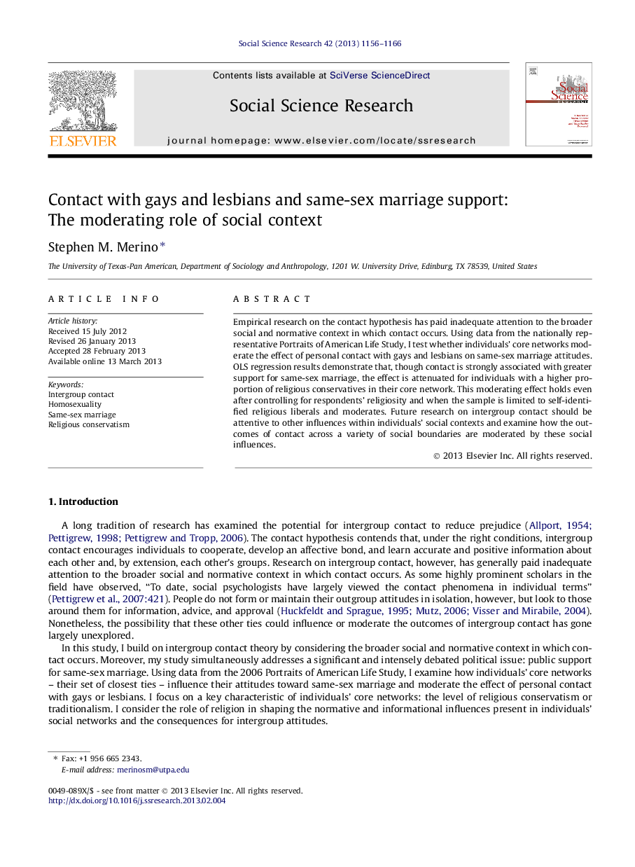 Contact with gays and lesbians and same-sex marriage support: The moderating role of social context