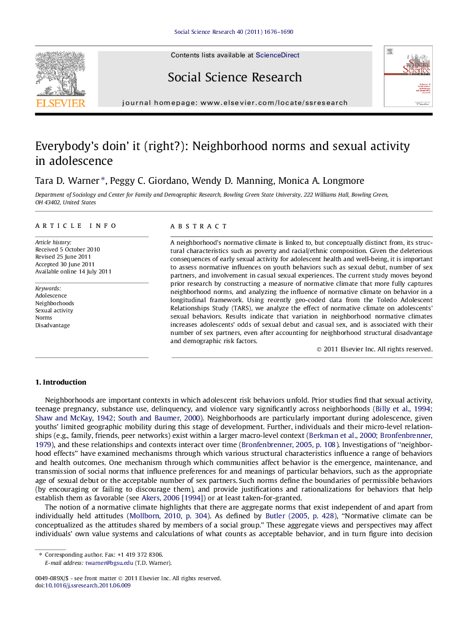 Everybody’s doin’ it (right?): Neighborhood norms and sexual activity in adolescence