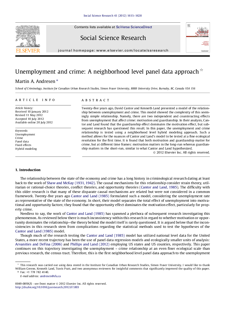 Unemployment and crime: A neighborhood level panel data approach 