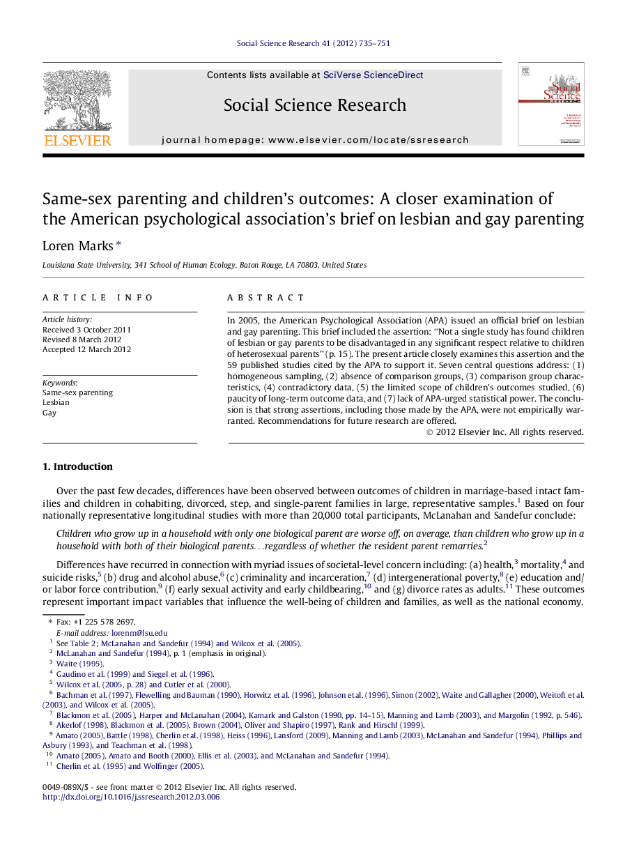 Same-sex parenting and children’s outcomes: A closer examination of the American psychological association’s brief on lesbian and gay parenting