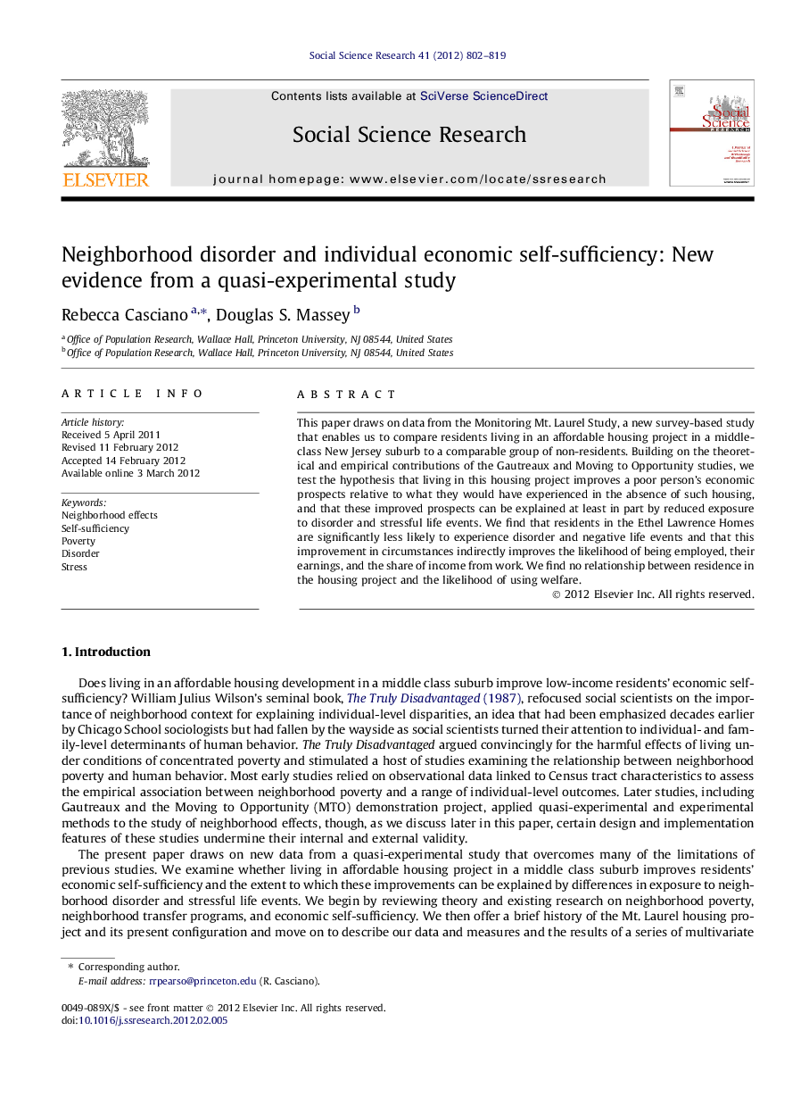 Neighborhood disorder and individual economic self-sufficiency: New evidence from a quasi-experimental study