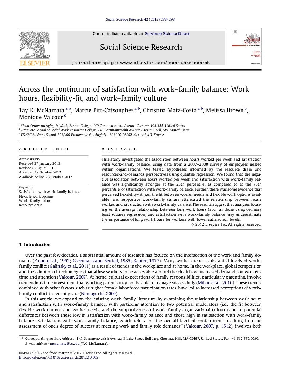 Across the continuum of satisfaction with work–family balance: Work hours, flexibility-fit, and work–family culture