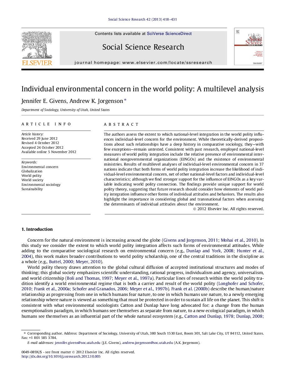 Individual environmental concern in the world polity: A multilevel analysis