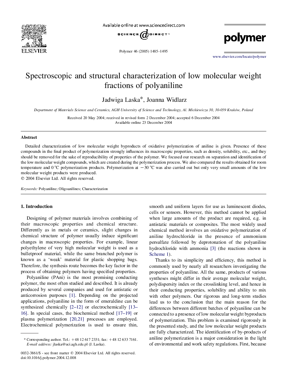 Spectroscopic and structural characterization of low molecular weight fractions of polyaniline