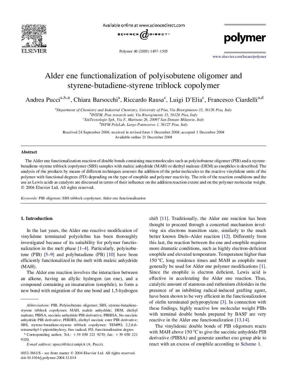 Alder ene functionalization of polyisobutene oligomer and styrene-butadiene-styrene triblock copolymer