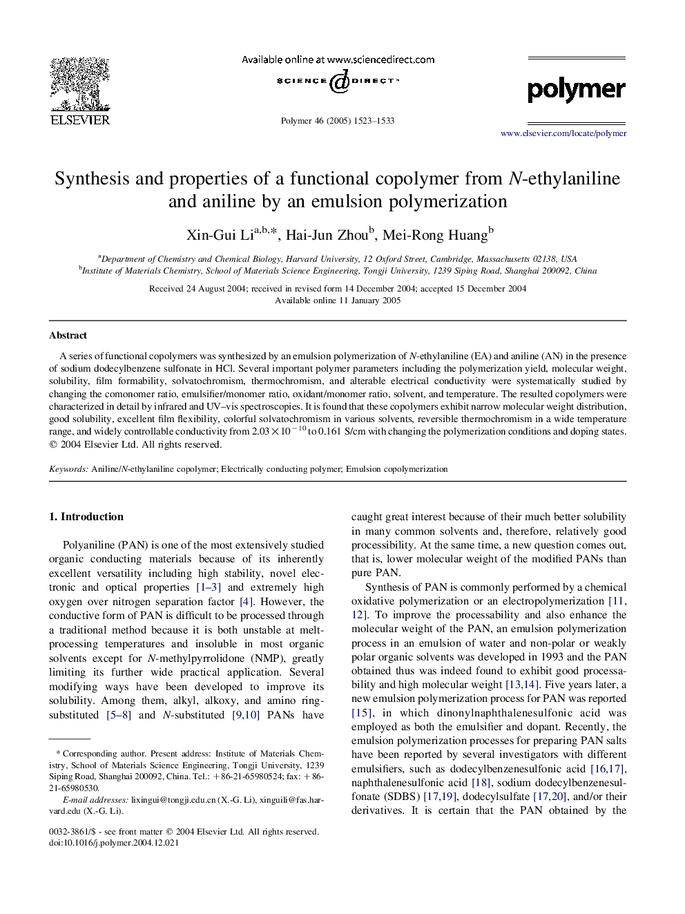 Synthesis and properties of a functional copolymer from N-ethylaniline and aniline by an emulsion polymerization