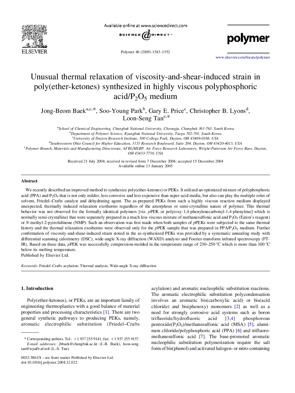 Unusual thermal relaxation of viscosity-and-shear-induced strain in poly(ether-ketones) synthesized in highly viscous polyphosphoric acid/P2O5 medium