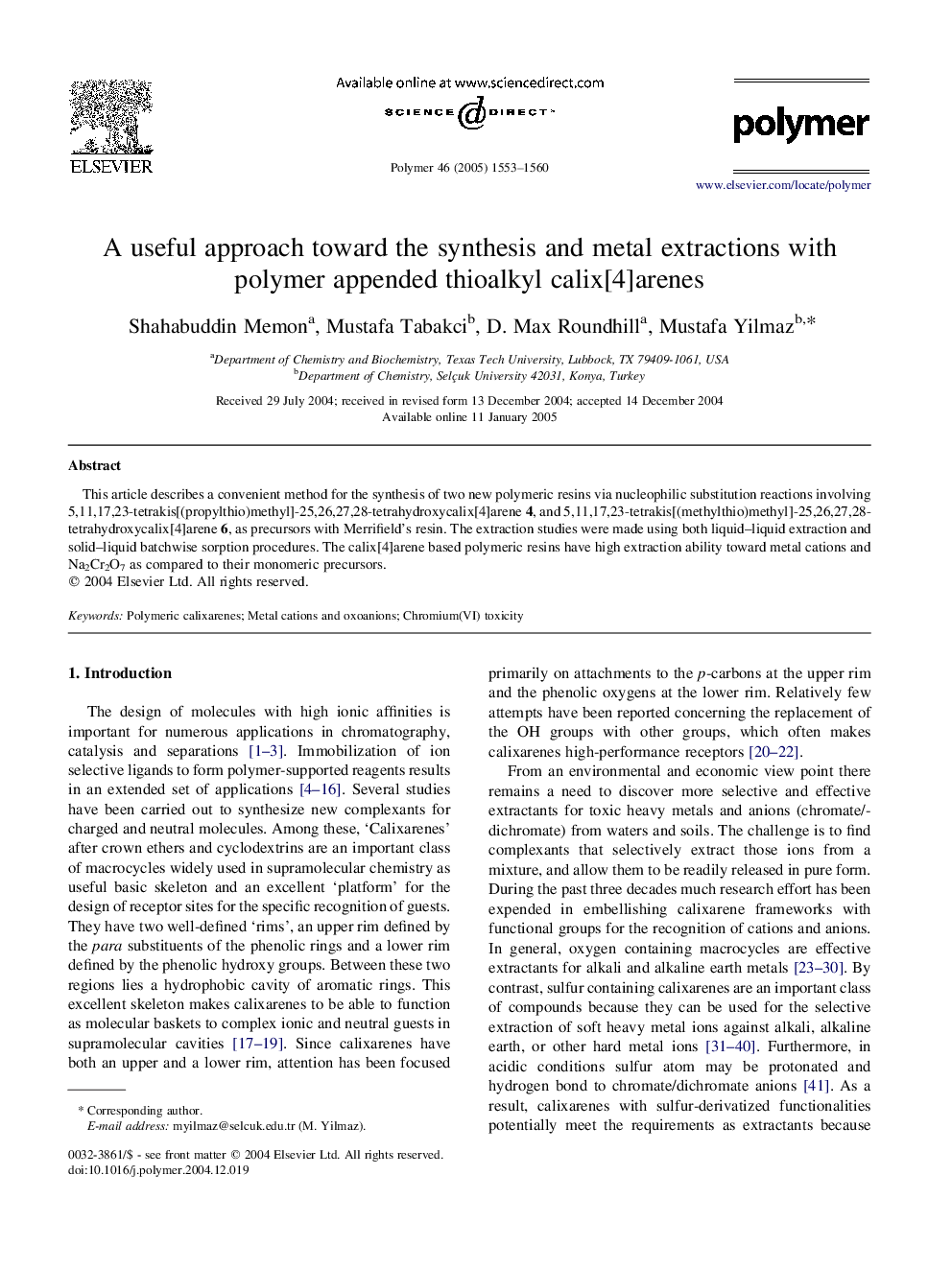 A useful approach toward the synthesis and metal extractions with polymer appended thioalkyl calix[4]arenes