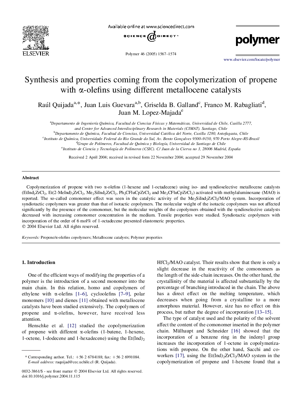 Synthesis and properties coming from the copolymerization of propene with Î±-olefins using different metallocene catalysts