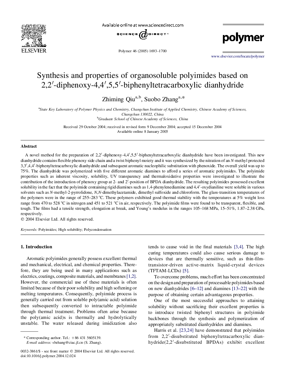 Synthesis and properties of organosoluble polyimides based on 2,2â²-diphenoxy-4,4â²,5,5â²-biphenyltetracarboxylic dianhydride