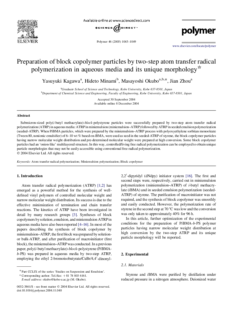 Preparation of block copolymer particles by two-step atom transfer radical polymerization in aqueous media and its unique morphology