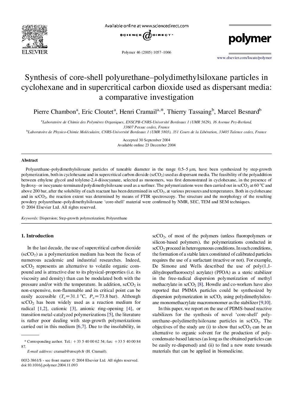 Synthesis of core-shell polyurethane-polydimethylsiloxane particles in cyclohexane and in supercritical carbon dioxide used as dispersant media: a comparative investigation