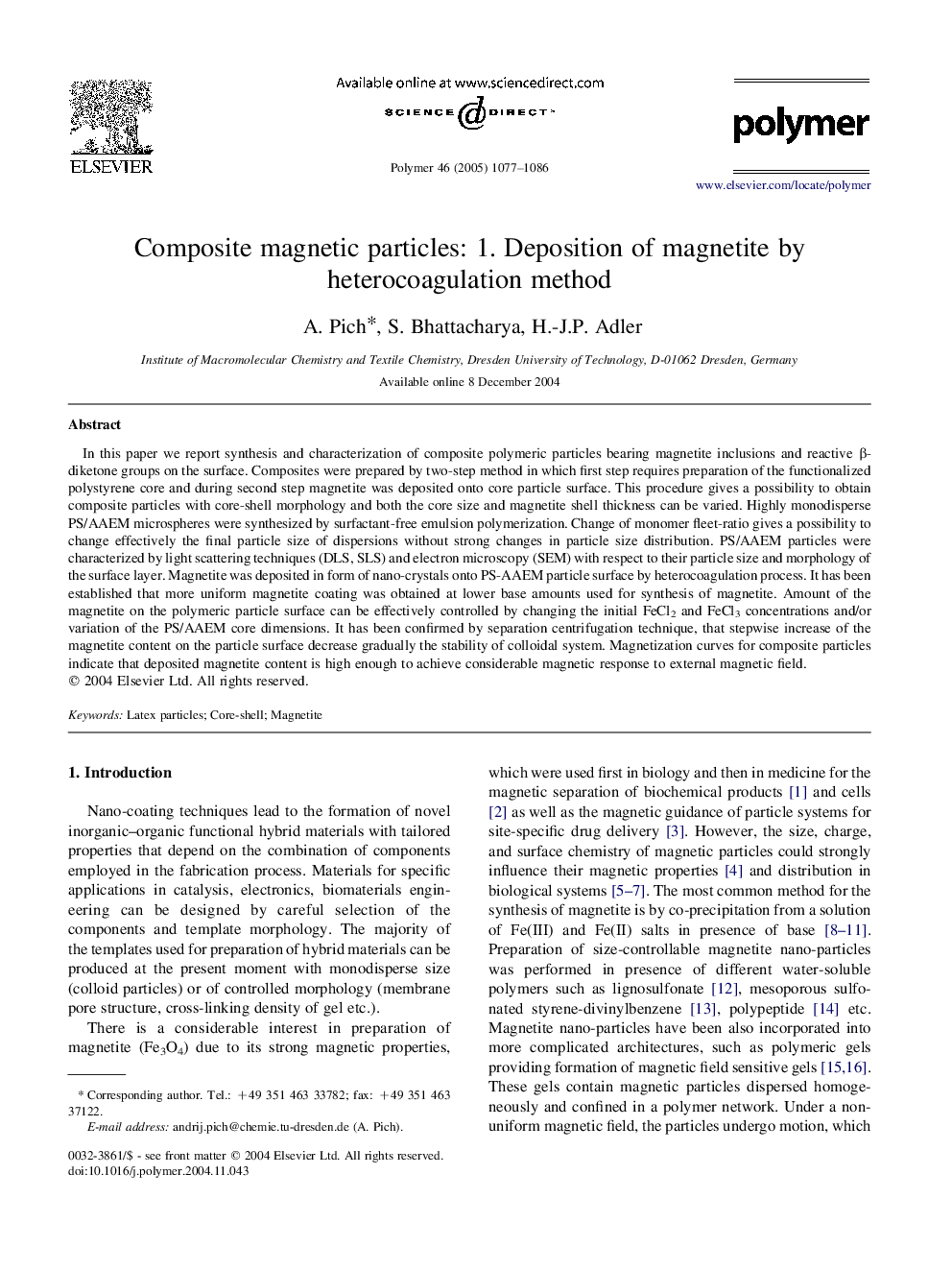 Composite magnetic particles: 1. Deposition of magnetite by heterocoagulation method