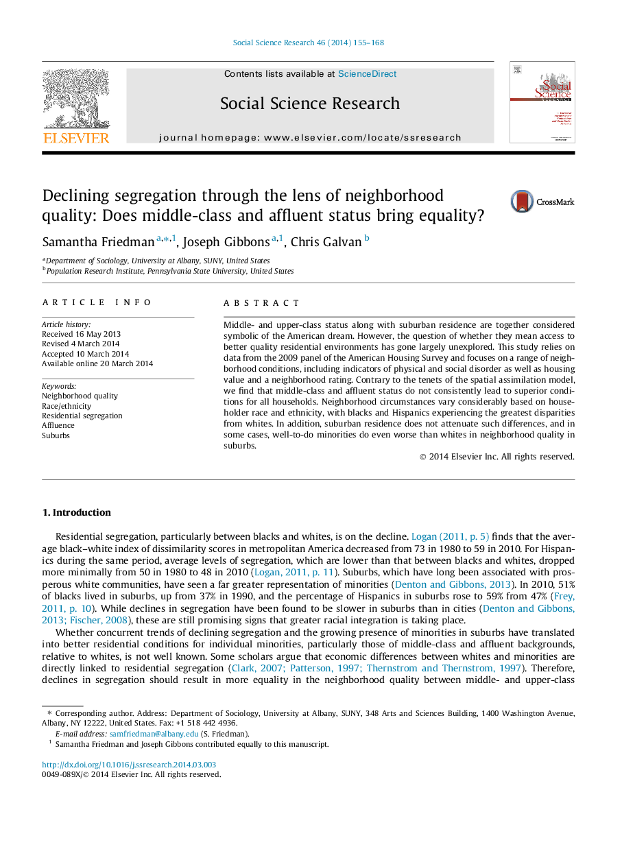 Declining segregation through the lens of neighborhood quality: Does middle-class and affluent status bring equality?