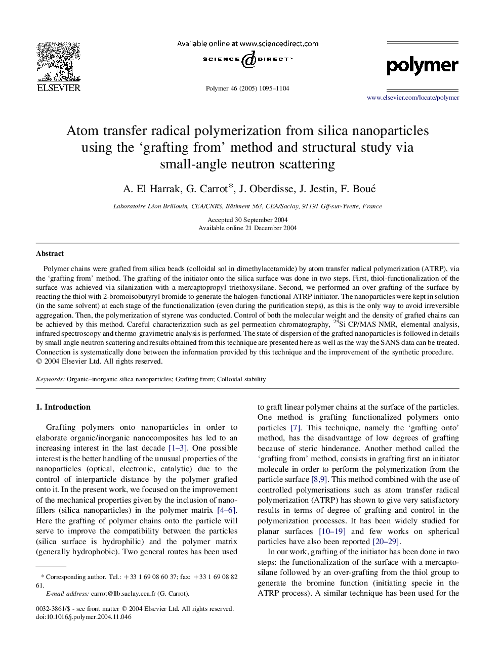 Atom transfer radical polymerization from silica nanoparticles using the 'grafting from' method and structural study via small-angle neutron scattering