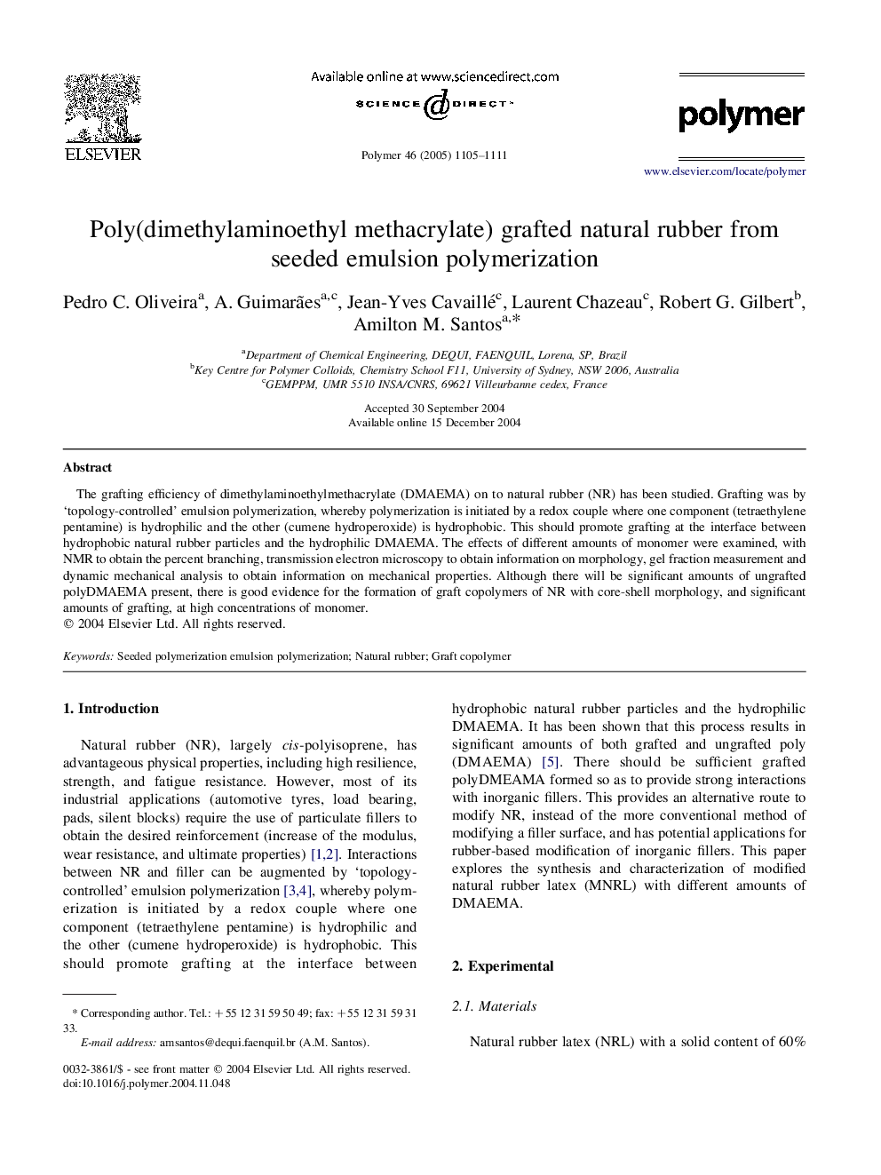 Poly(dimethylaminoethyl methacrylate) grafted natural rubber from seeded emulsion polymerization