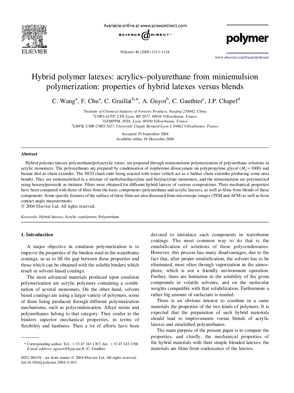 Hybrid polymer latexes: acrylics-polyurethane from miniemulsion polymerization: properties of hybrid latexes versus blends