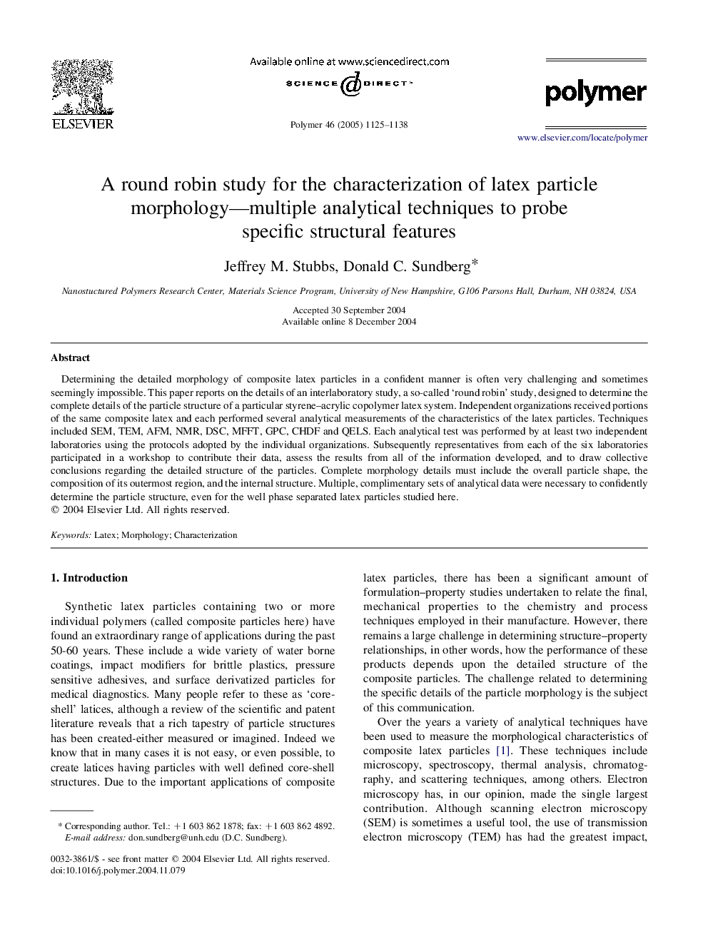 A round robin study for the characterization of latex particle morphology-multiple analytical techniques to probe specific structural features