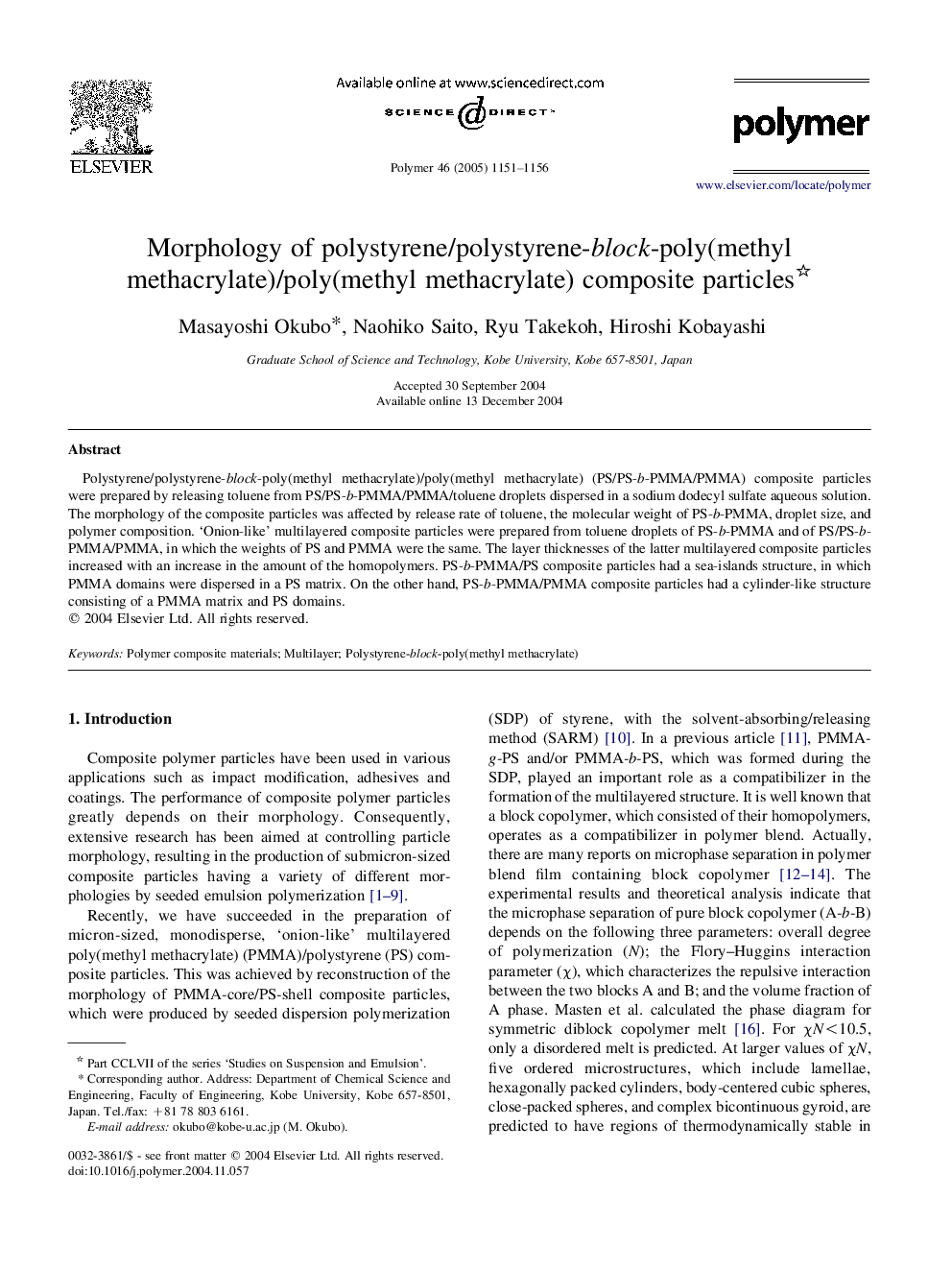 Morphology of polystyrene/polystyrene-block-poly(methyl methacrylate)/poly(methyl methacrylate) composite particles