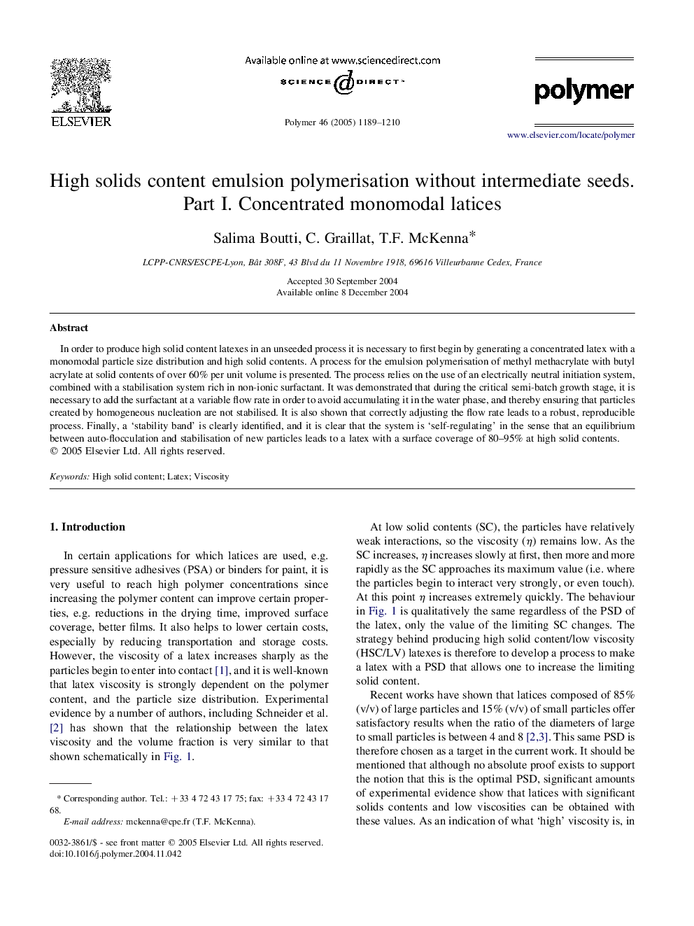 High solids content emulsion polymerisation without intermediate seeds. Part I. Concentrated monomodal latices