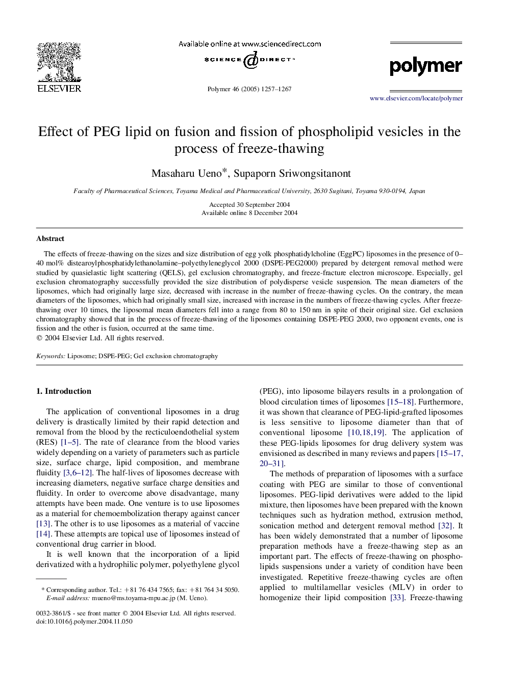 Effect of PEG lipid on fusion and fission of phospholipid vesicles in the process of freeze-thawing