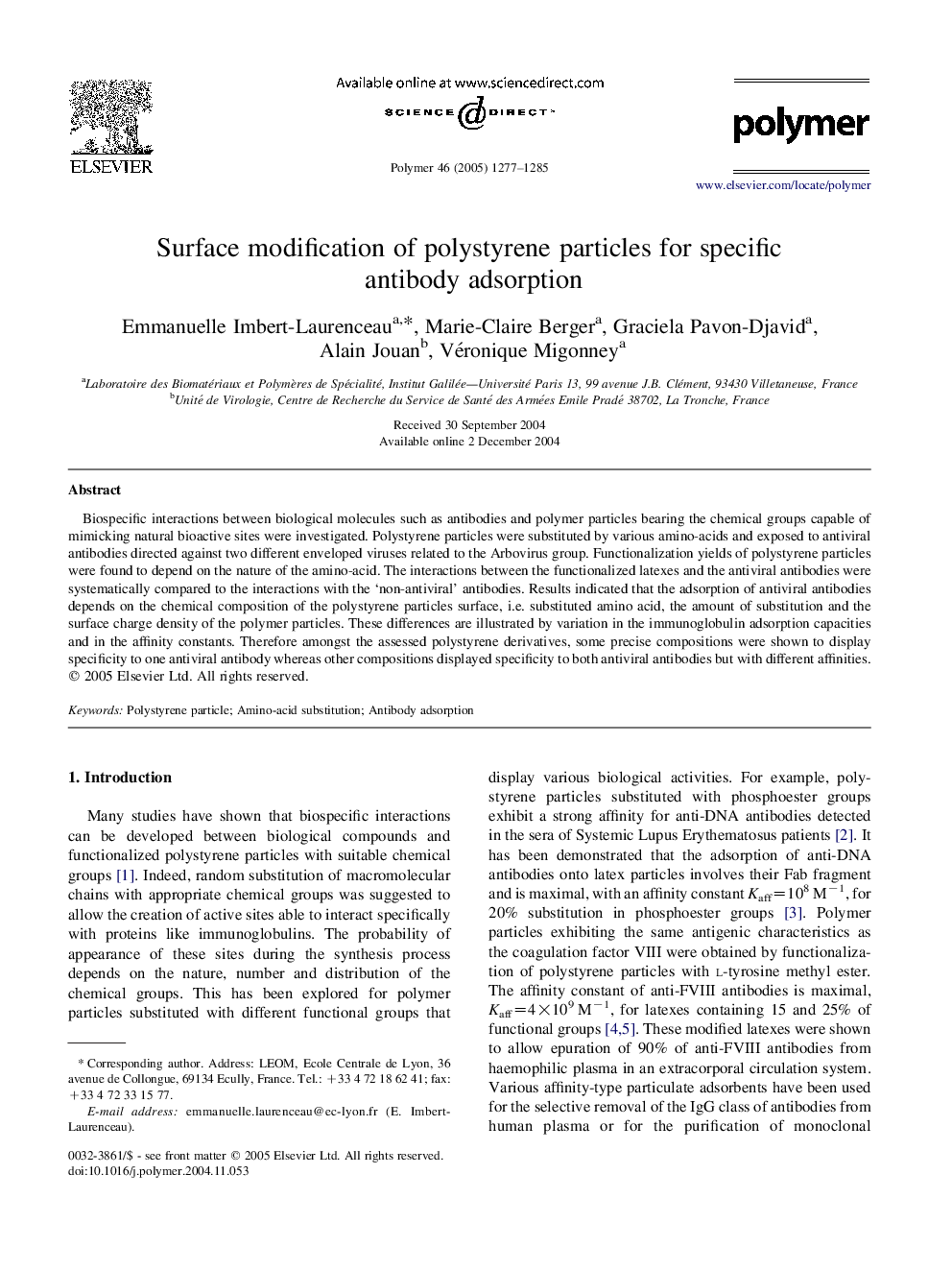 Surface modification of polystyrene particles for specific antibody adsorption