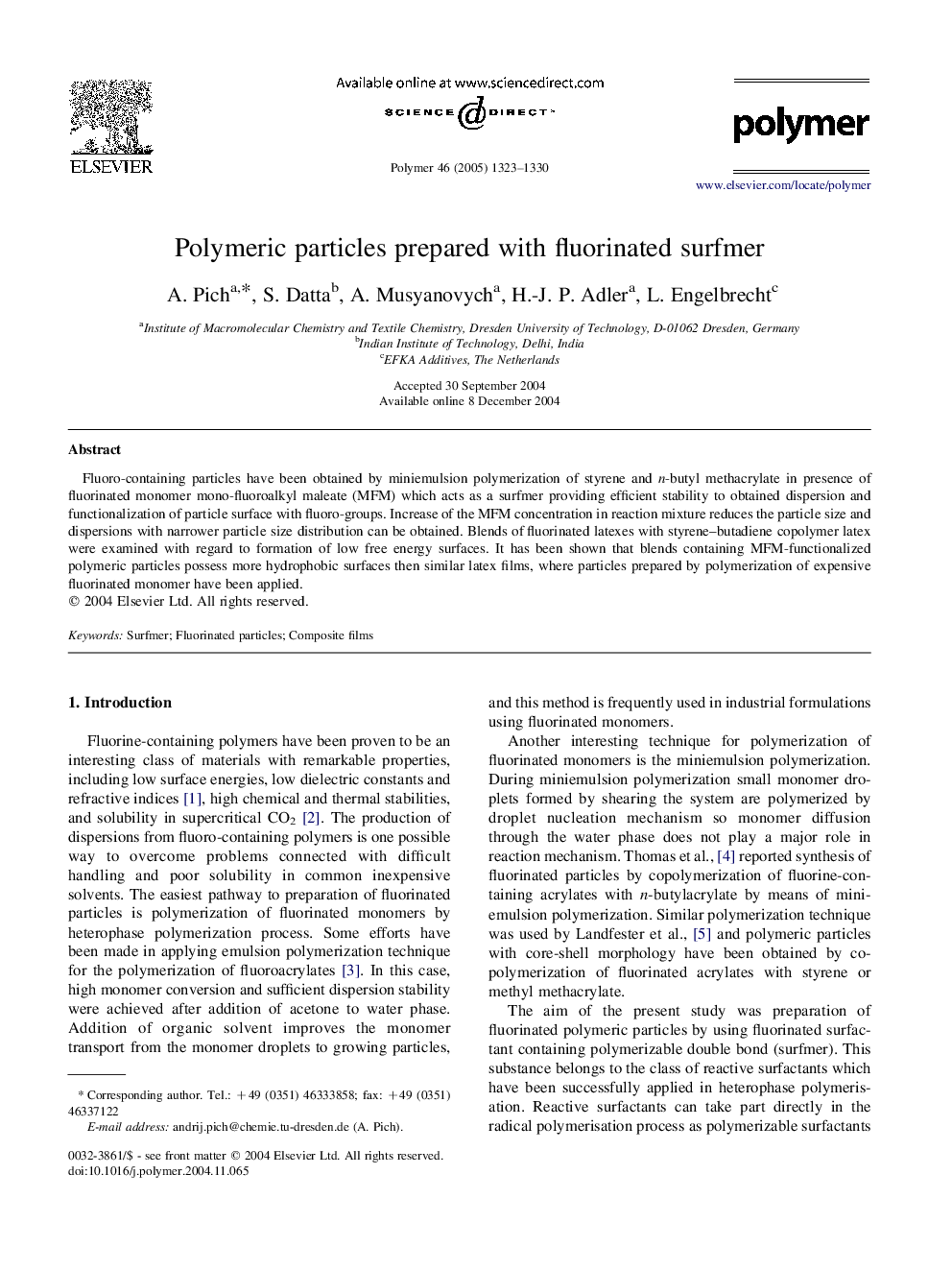 Polymeric particles prepared with fluorinated surfmer