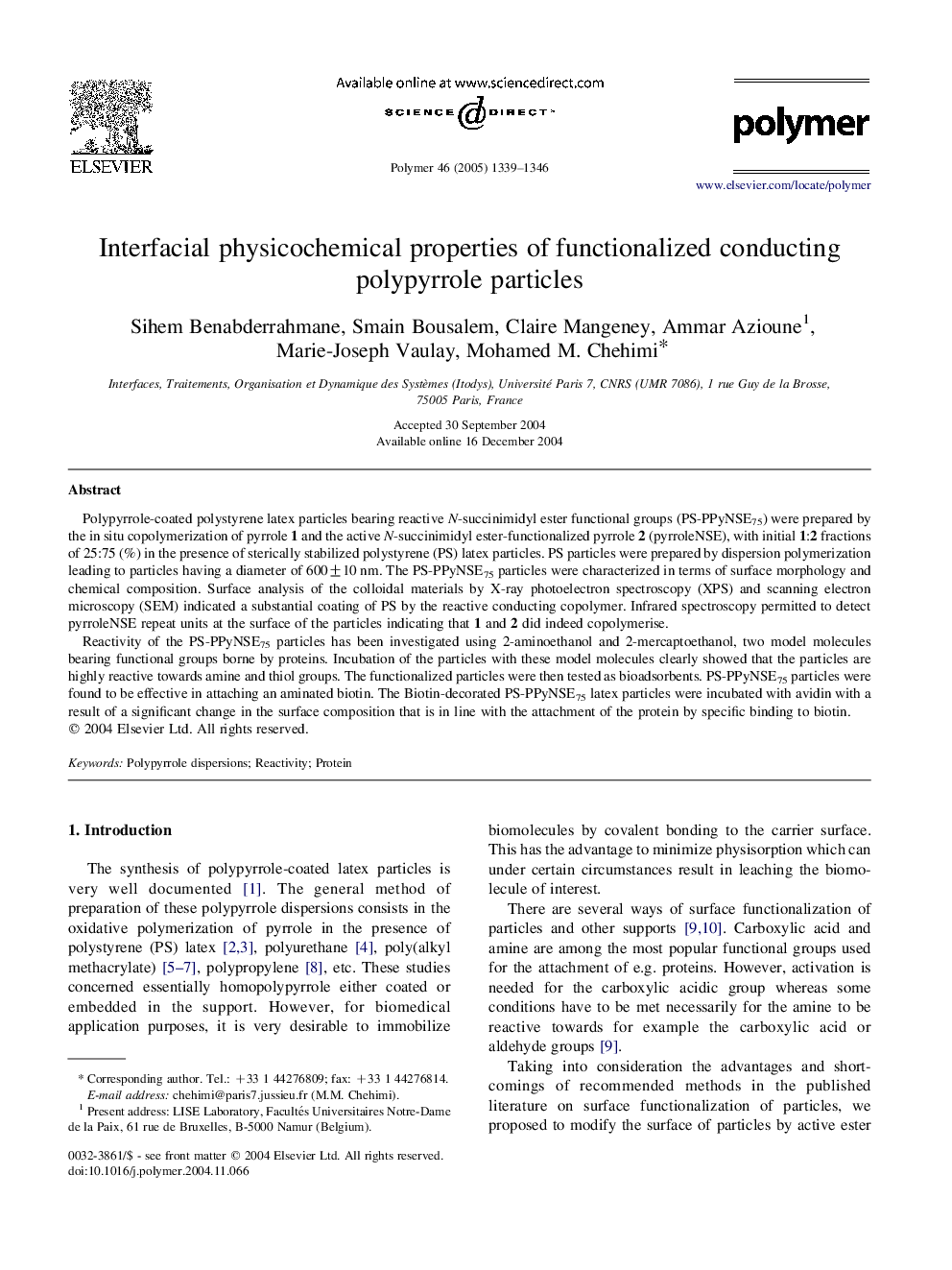 Interfacial physicochemical properties of functionalized conducting polypyrrole particles