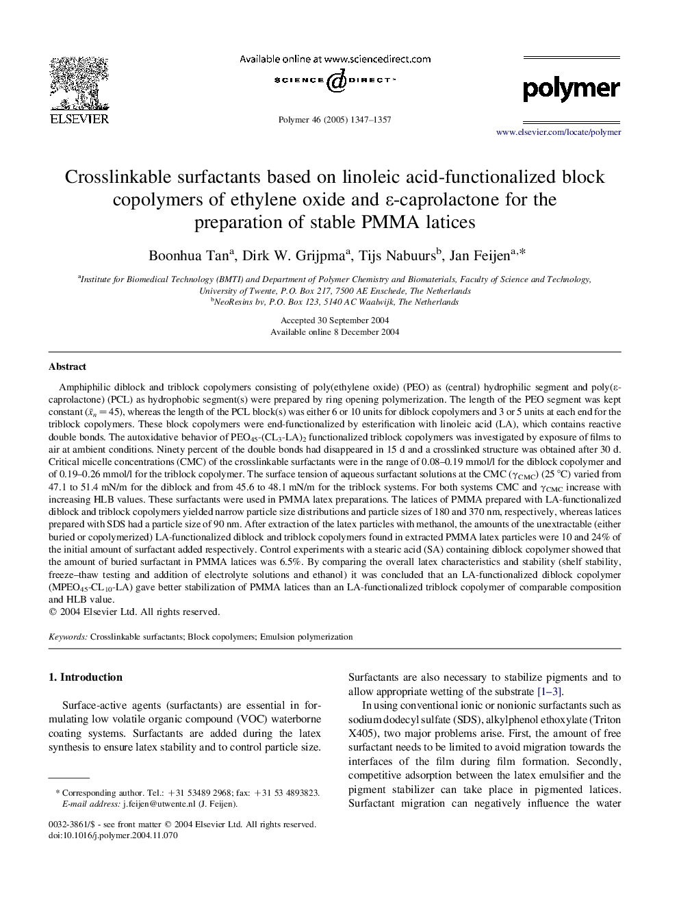 Crosslinkable surfactants based on linoleic acid-functionalized block copolymers of ethylene oxide and Îµ-caprolactone for the preparation of stable PMMA latices