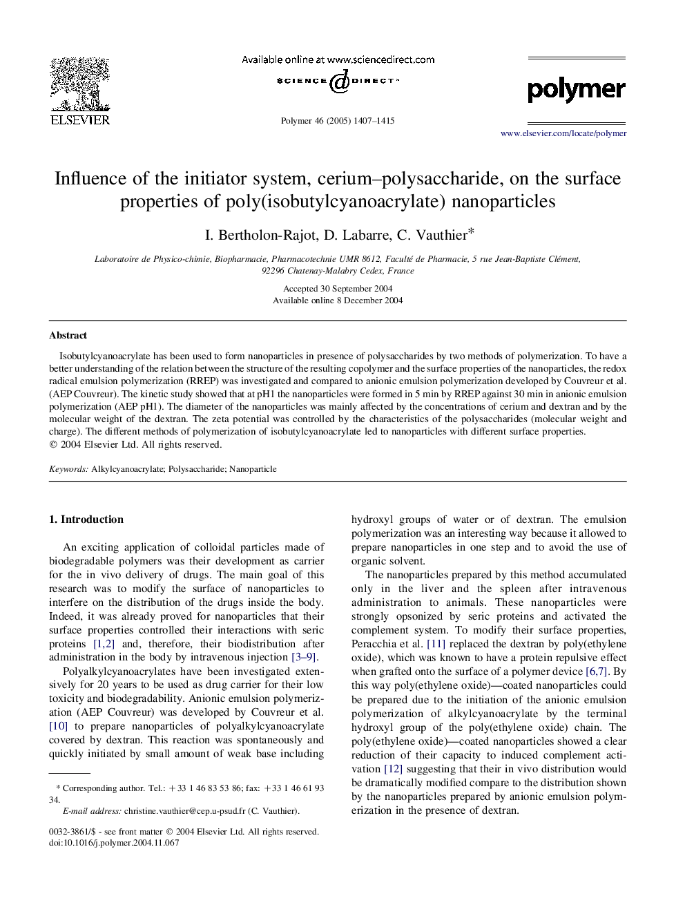 Influence of the initiator system, cerium-polysaccharide, on the surface properties of poly(isobutylcyanoacrylate) nanoparticles