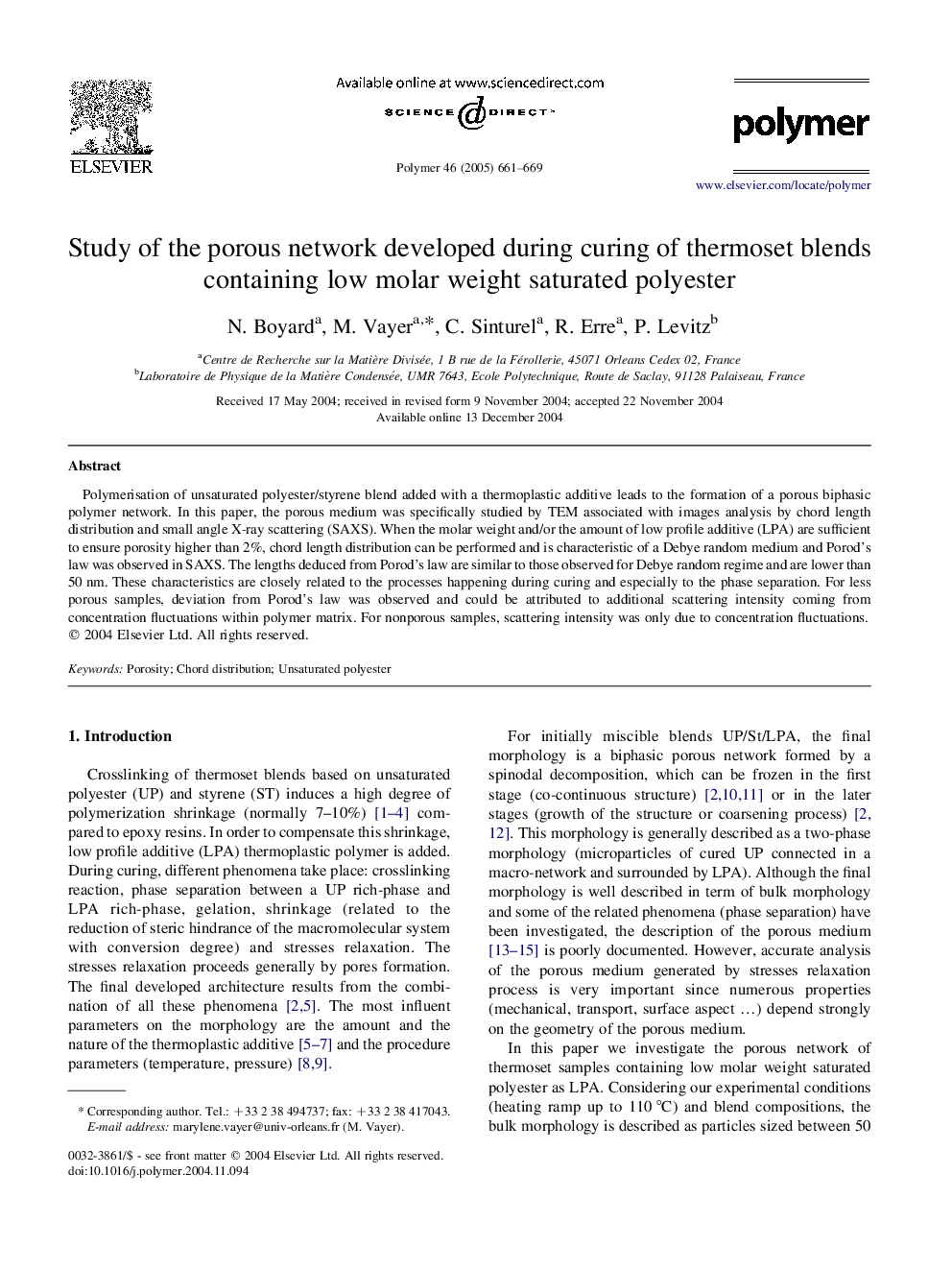 Study of the porous network developed during curing of thermoset blends containing low molar weight saturated polyester