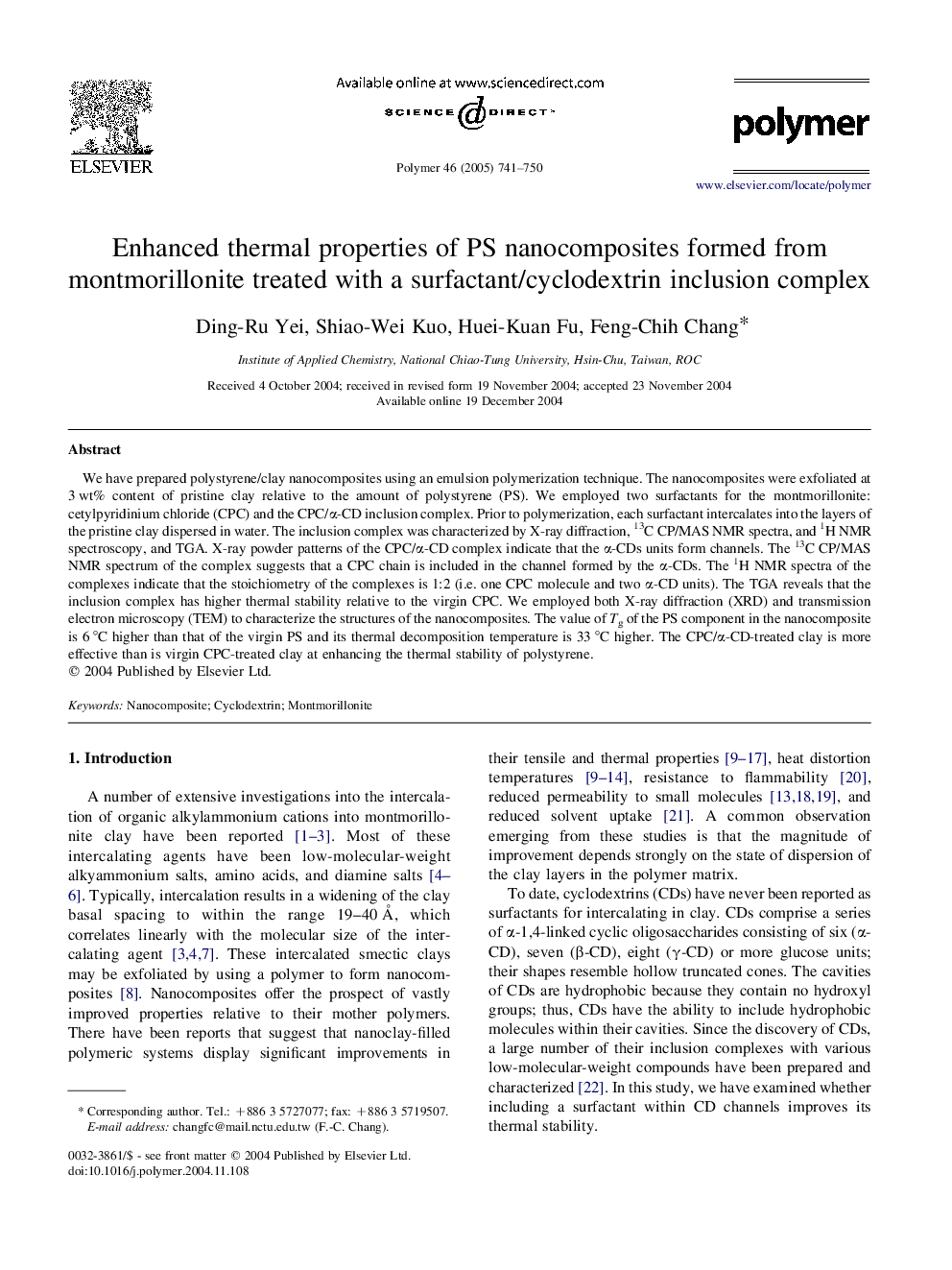 Enhanced thermal properties of PS nanocomposites formed from montmorillonite treated with a surfactant/cyclodextrin inclusion complex