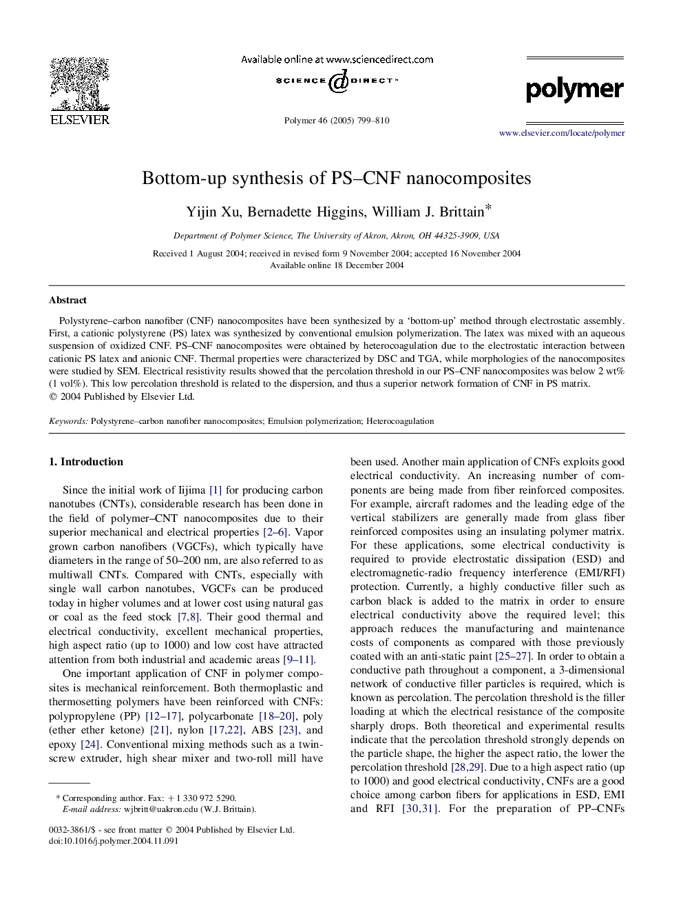 Bottom-up synthesis of PS-CNF nanocomposites