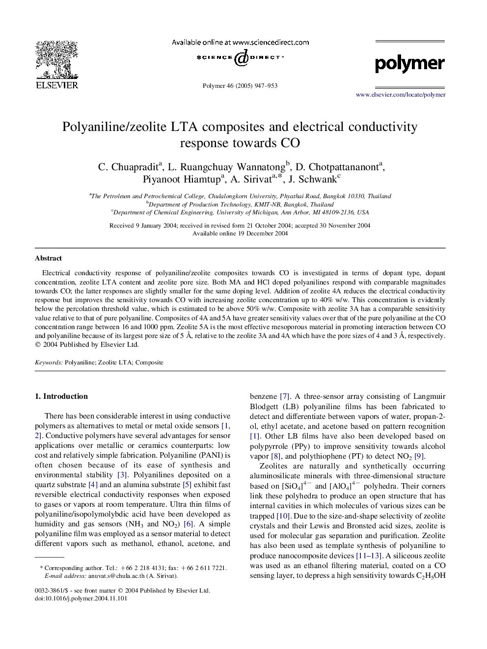 Polyaniline/zeolite LTA composites and electrical conductivity response towards CO