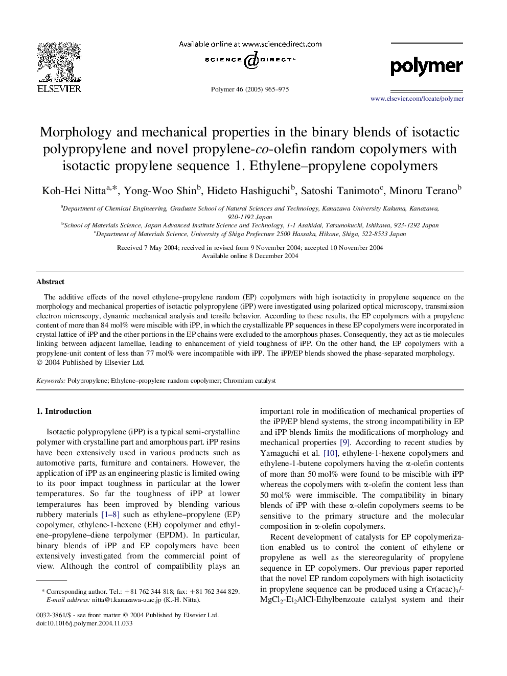 Morphology and mechanical properties in the binary blends of isotactic polypropylene and novel propylene-co-olefin random copolymers with isotactic propylene sequence 1. Ethylene-propylene copolymers