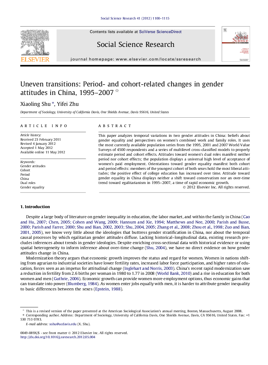 Uneven transitions: Period- and cohort-related changes in gender attitudes in China, 1995–2007 