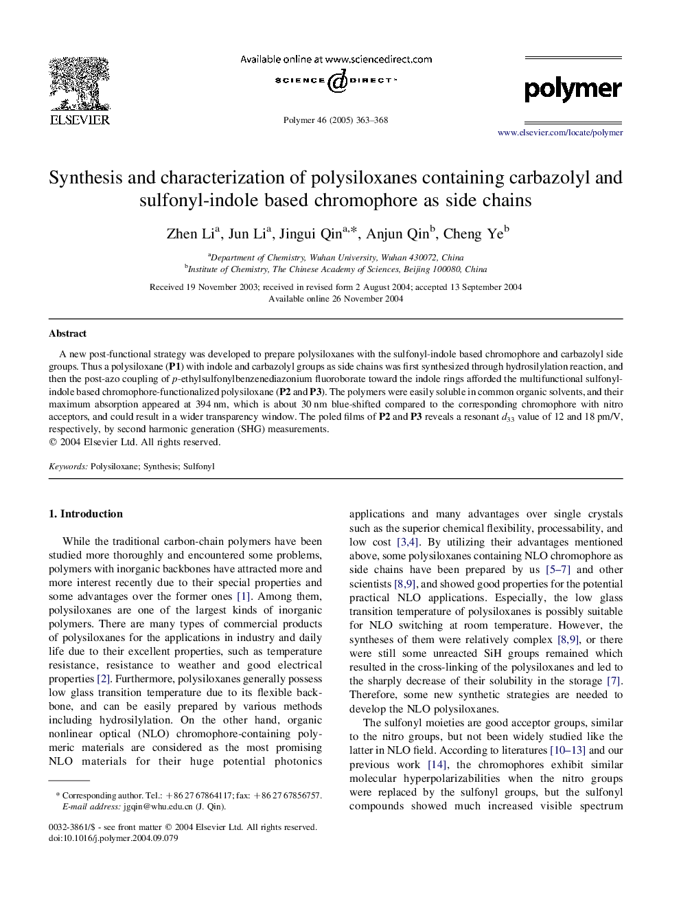 Synthesis and characterization of polysiloxanes containing carbazolyl and sulfonyl-indole based chromophore as side chains