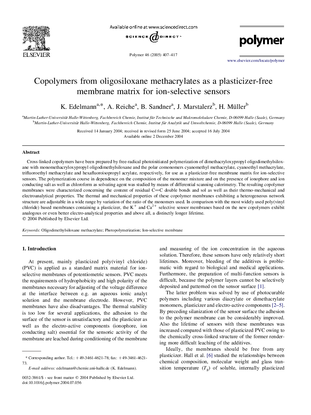 Copolymers from oligosiloxane methacrylates as a plasticizer-free membrane matrix for ion-selective sensors