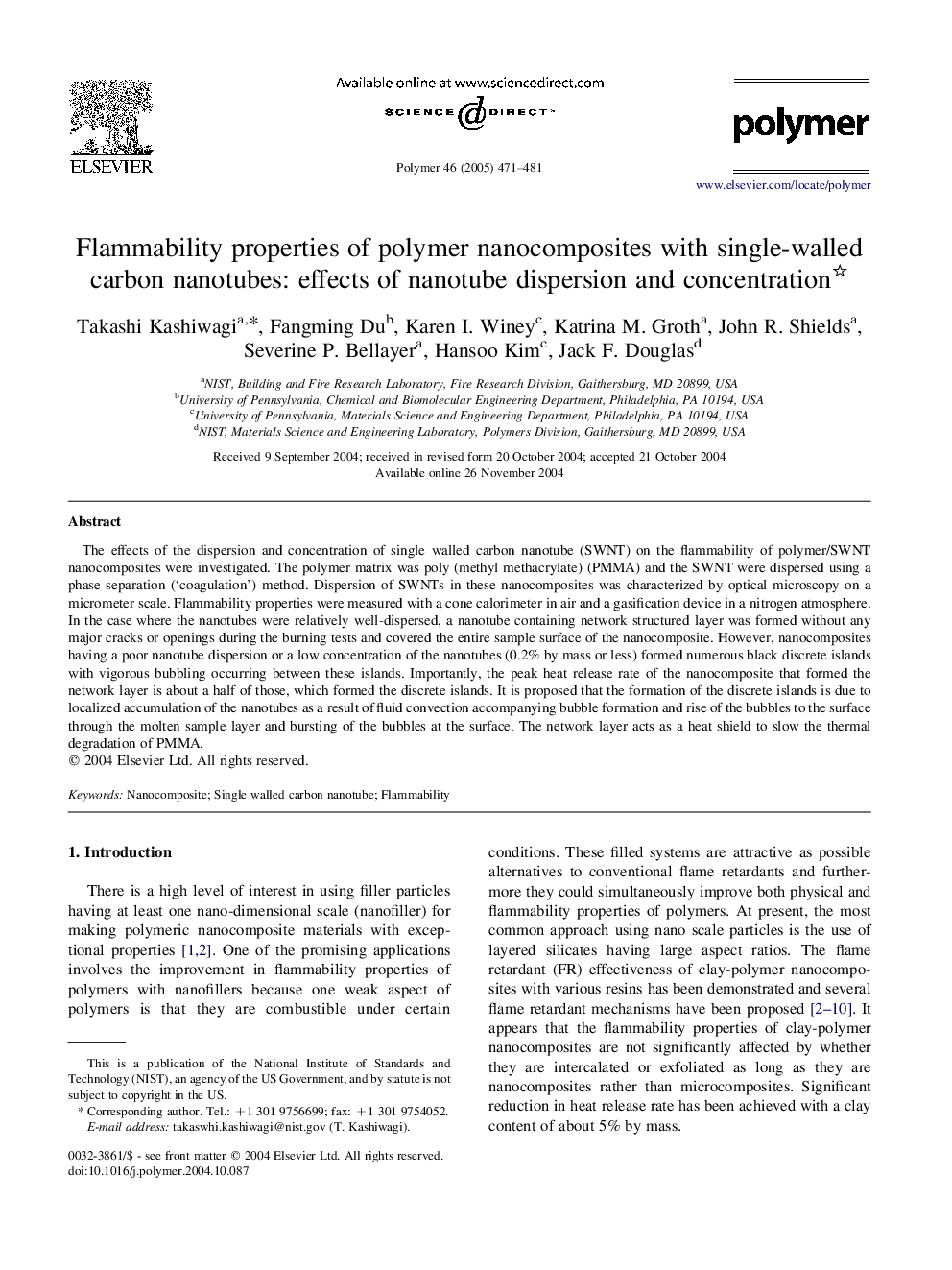 Flammability properties of polymer nanocomposites with single-walled carbon nanotubes: effects of nanotube dispersion and concentration