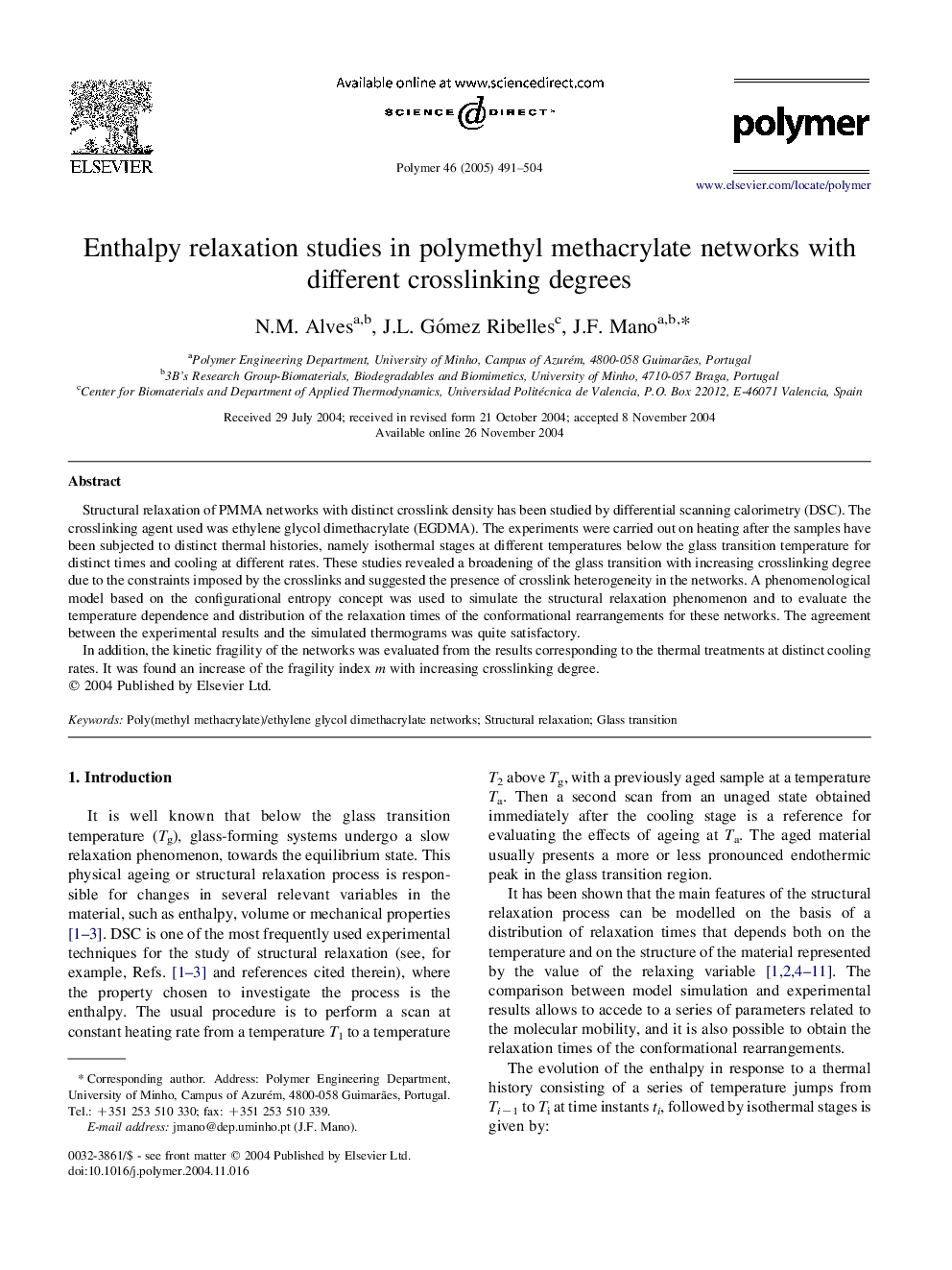 Enthalpy relaxation studies in polymethyl methacrylate networks with different crosslinking degrees